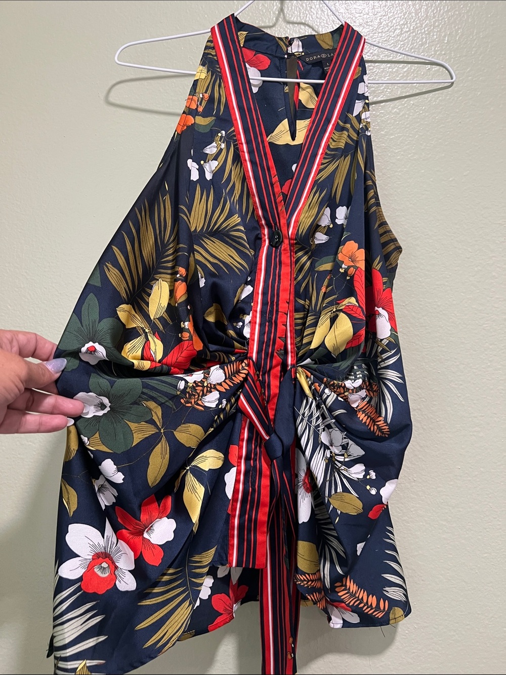 Floral Halter Tie-Front Blouse - Navy with Red & Yellow